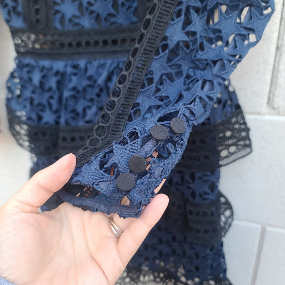 Self Portrait | High Neck Star Lace Panelled Dress in Navy Blue Black Size 0 - Picture 7 of 10